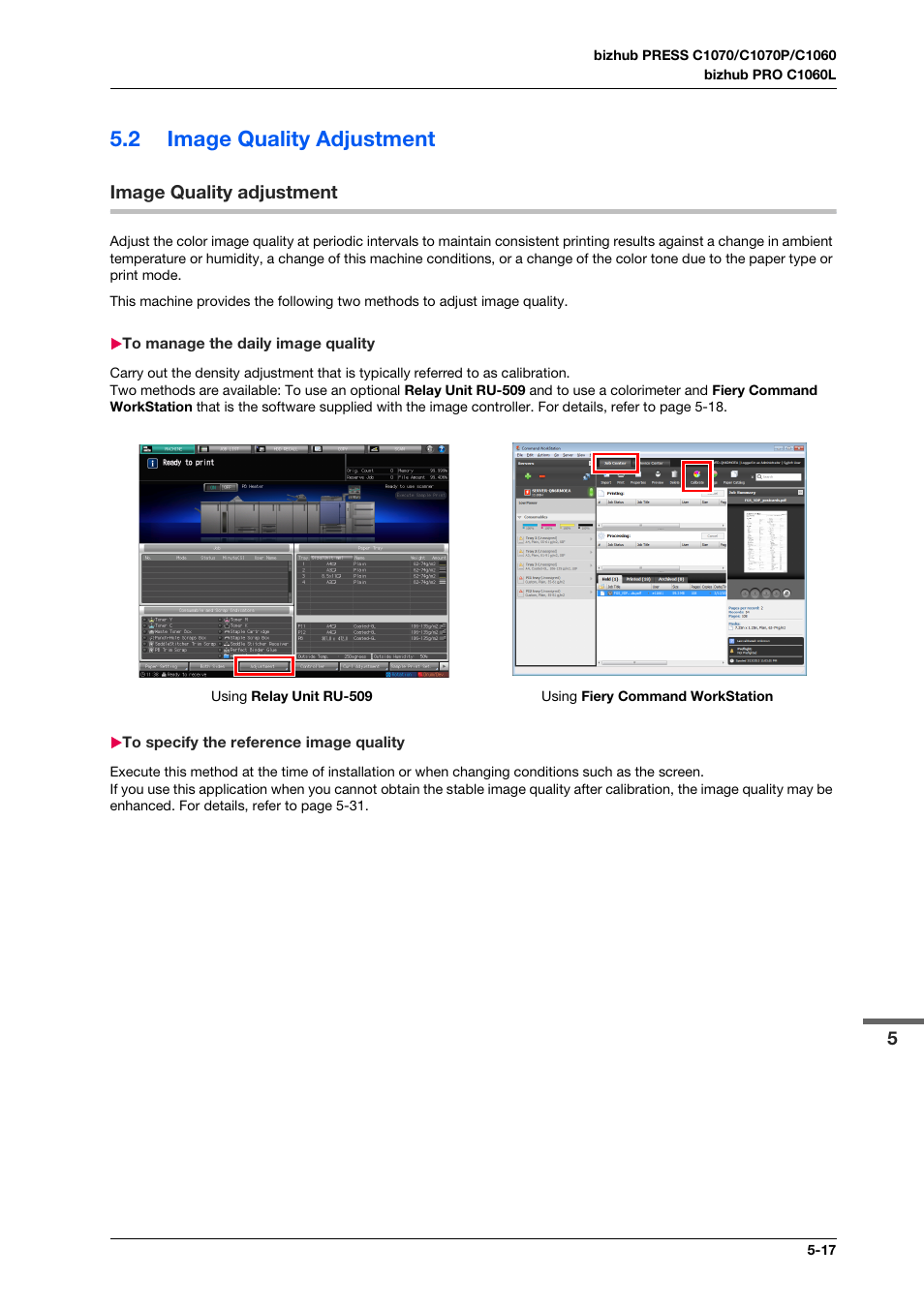 2 image quality adjustment, Image quality adjustment, To manage the daily image quality | To specify the reference image quality, Image quality adjustment -17 | Konica Minolta bizhub PRESS C1070 User Manual | Page 75 / 151