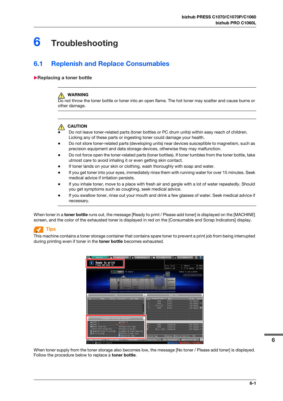 6 troubleshooting, 1 replenish and replace consumables, Replacing a toner bottle | Troubleshooting, Replenish and replace consumables -1, Replacing a toner bottle -1 | Konica Minolta bizhub PRESS C1070 User Manual | Page 93 / 151