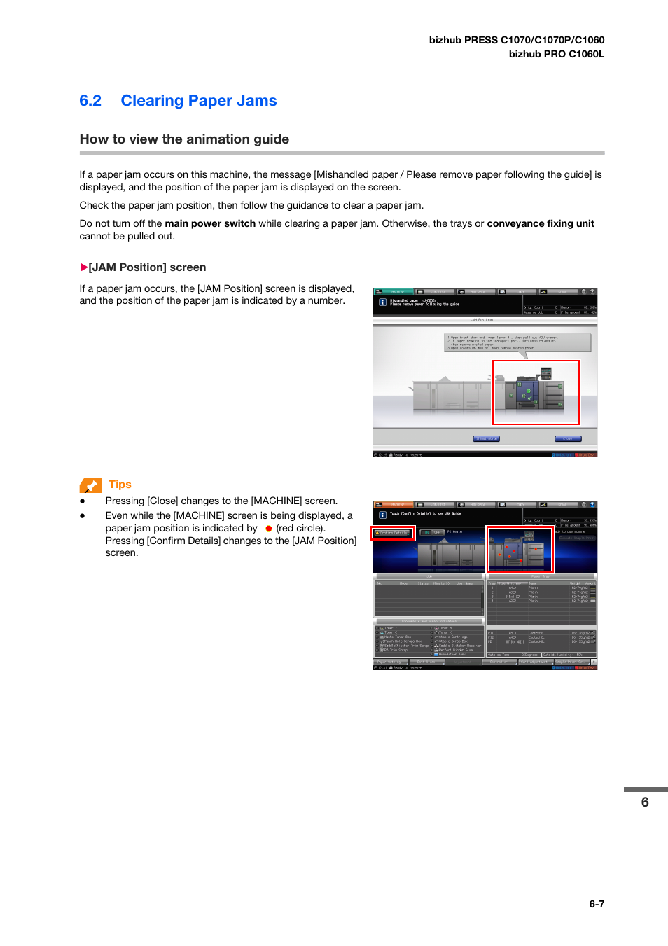 2 clearing paper jams, How to view the animation guide, Jam position] screen | Clearing paper jams -7, How to view the animation guide -7, Jam position] screen -7 | Konica Minolta bizhub PRESS C1070 User Manual | Page 99 / 151