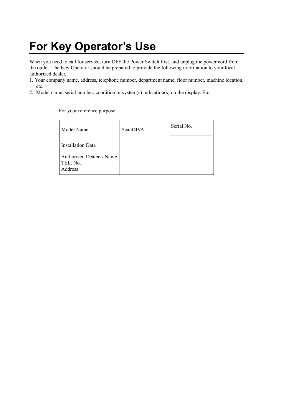 For key operator’s use | Konica Minolta ScanDiva User Manual | Page 102 / 104