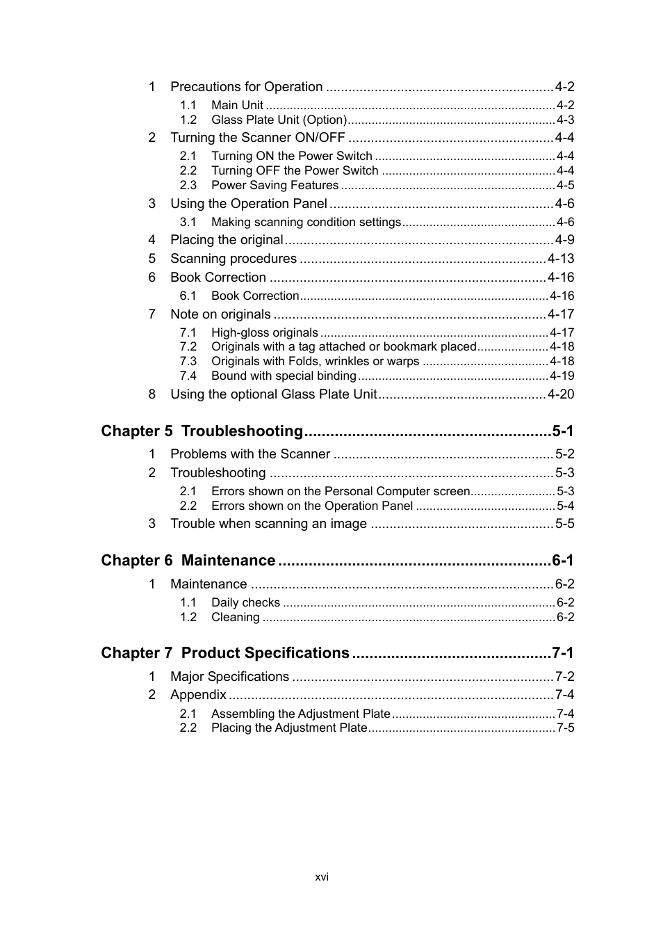 Chapter 5 troubleshooting -1, Chapter 6 maintenance -1, Chapter 7 product specifications -1 | Konica Minolta ScanDiva User Manual | Page 18 / 104