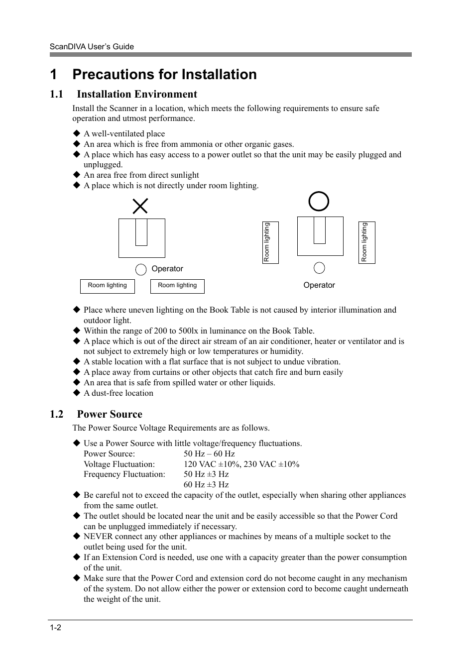 1 precautions for installation, 1 installation environment, 2 power source | Precautions for installation -2, Installation environment -2, Power source -2 | Konica Minolta ScanDiva User Manual | Page 20 / 104