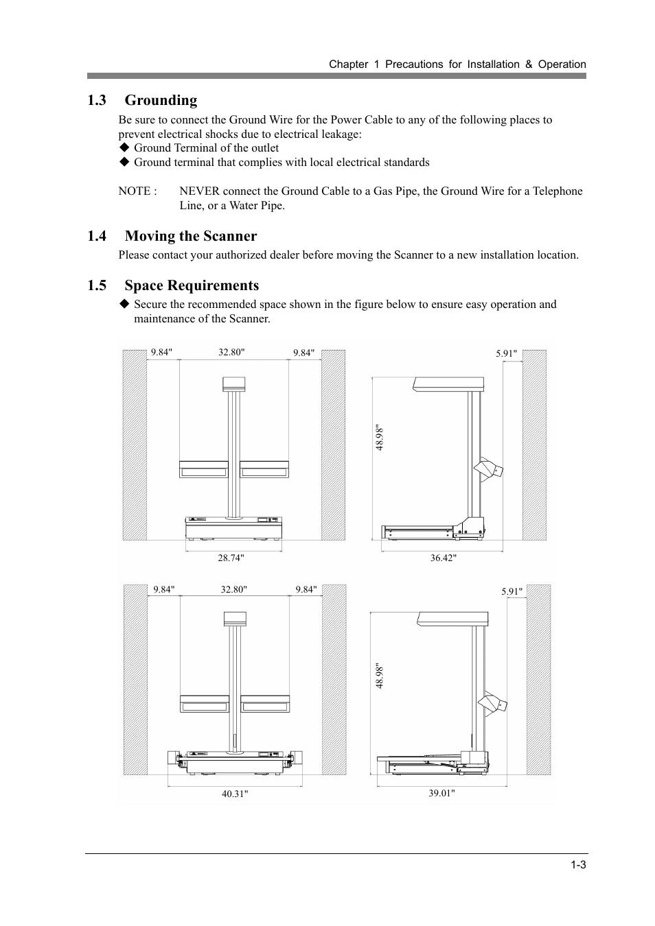 3 grounding, 4 moving the scanner, 5 space requirements | Grounding -3, Moving the scanner -3, Space requirements -3 | Konica Minolta ScanDiva User Manual | Page 21 / 104