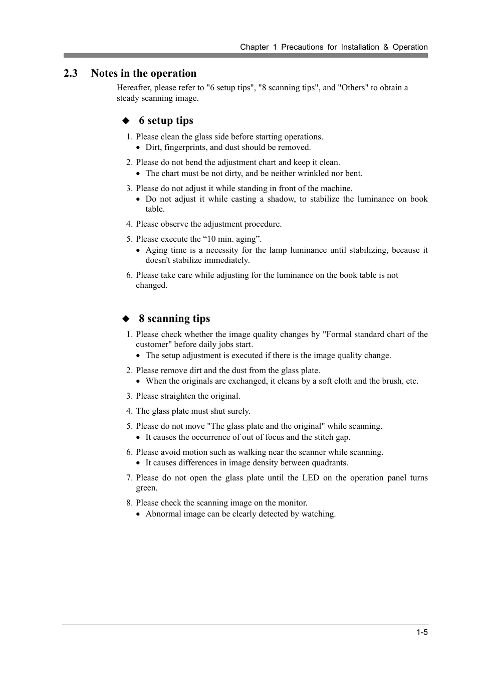 3 notes in the operation, Notes in the operation -5, 6 setup tips | 8 scanning tips | Konica Minolta ScanDiva User Manual | Page 23 / 104