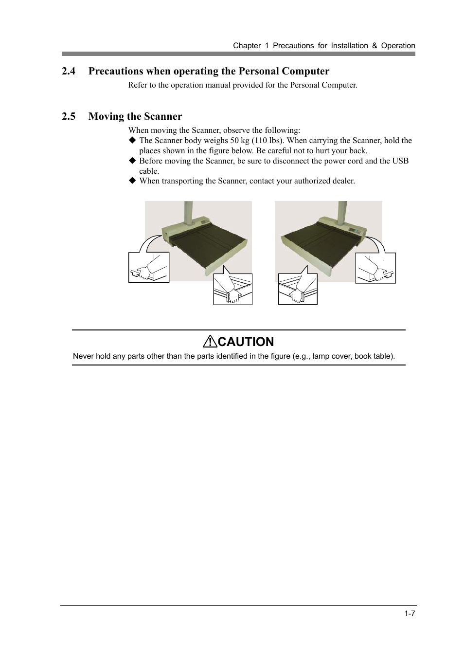 4 precautions when operating the personal computer, 5 moving the scanner, Moving the scanner -7 | Caution | Konica Minolta ScanDiva User Manual | Page 25 / 104