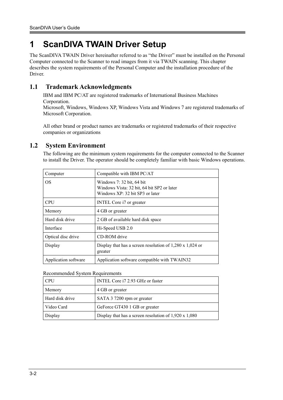 1 scandiva twain driver setup, 1 trademark acknowledgments, 2 system environment | Scandiva twain driver setup -2, Trademark acknowledgments -2, System environment -2 | Konica Minolta ScanDiva User Manual | Page 32 / 104