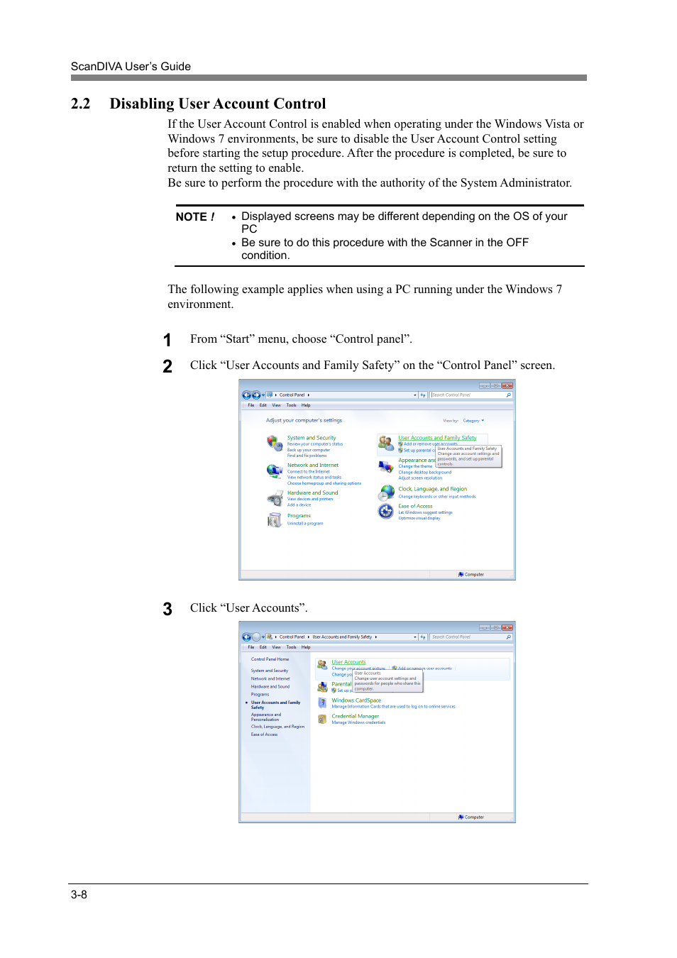 2 disabling user account control, Disabling user account control -8 | Konica Minolta ScanDiva User Manual | Page 38 / 104