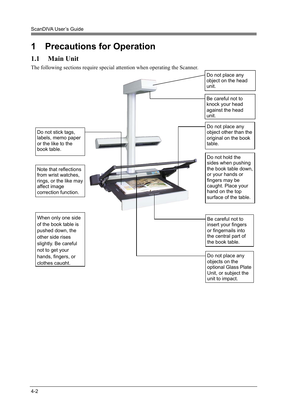 1 precautions for operation, 1 main unit, Precautions for operation -2 | Main unit -2 | Konica Minolta ScanDiva User Manual | Page 70 / 104