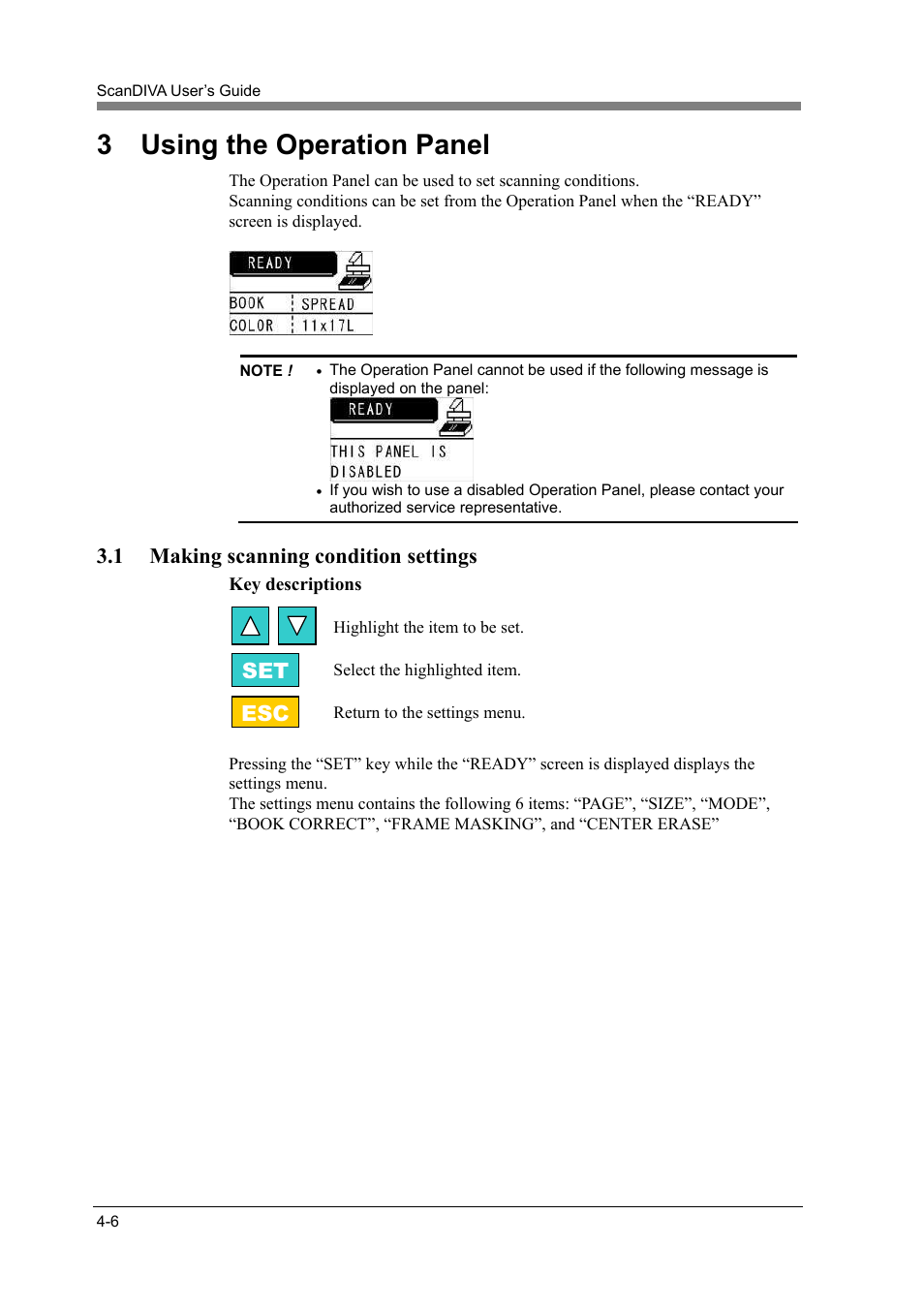 3 using the operation panel, 1 making scanning condition settings, Using the operation panel -6 | Making scanning condition settings -6, Esc set | Konica Minolta ScanDiva User Manual | Page 74 / 104