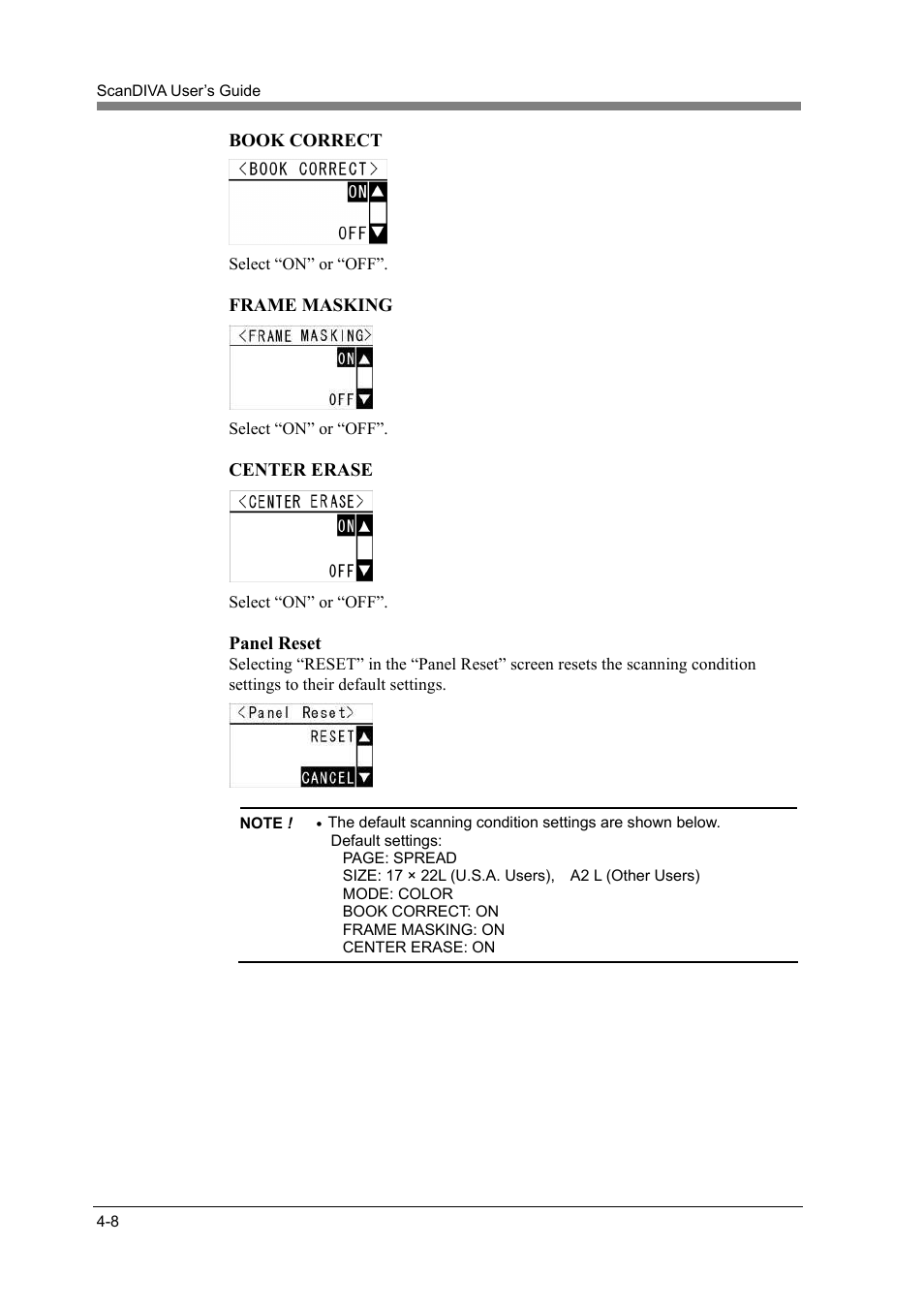 Book correct, Frame masking, Center erase | Panel reset | Konica Minolta ScanDiva User Manual | Page 76 / 104