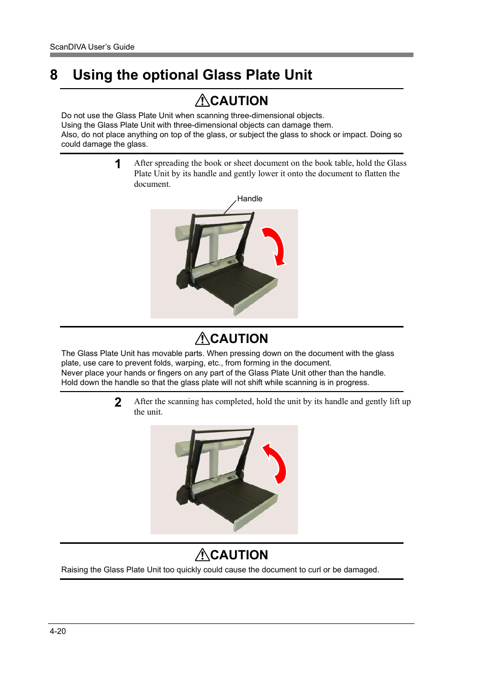 8 using the optional glass plate unit, Using the optional glass plate unit -20, Caution | Konica Minolta ScanDiva User Manual | Page 88 / 104