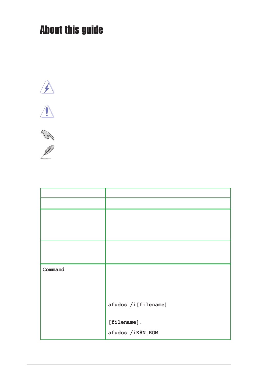 About this guide, Conventions used in this guide, Typography | Asus K8N User Manual | Page 8 / 78