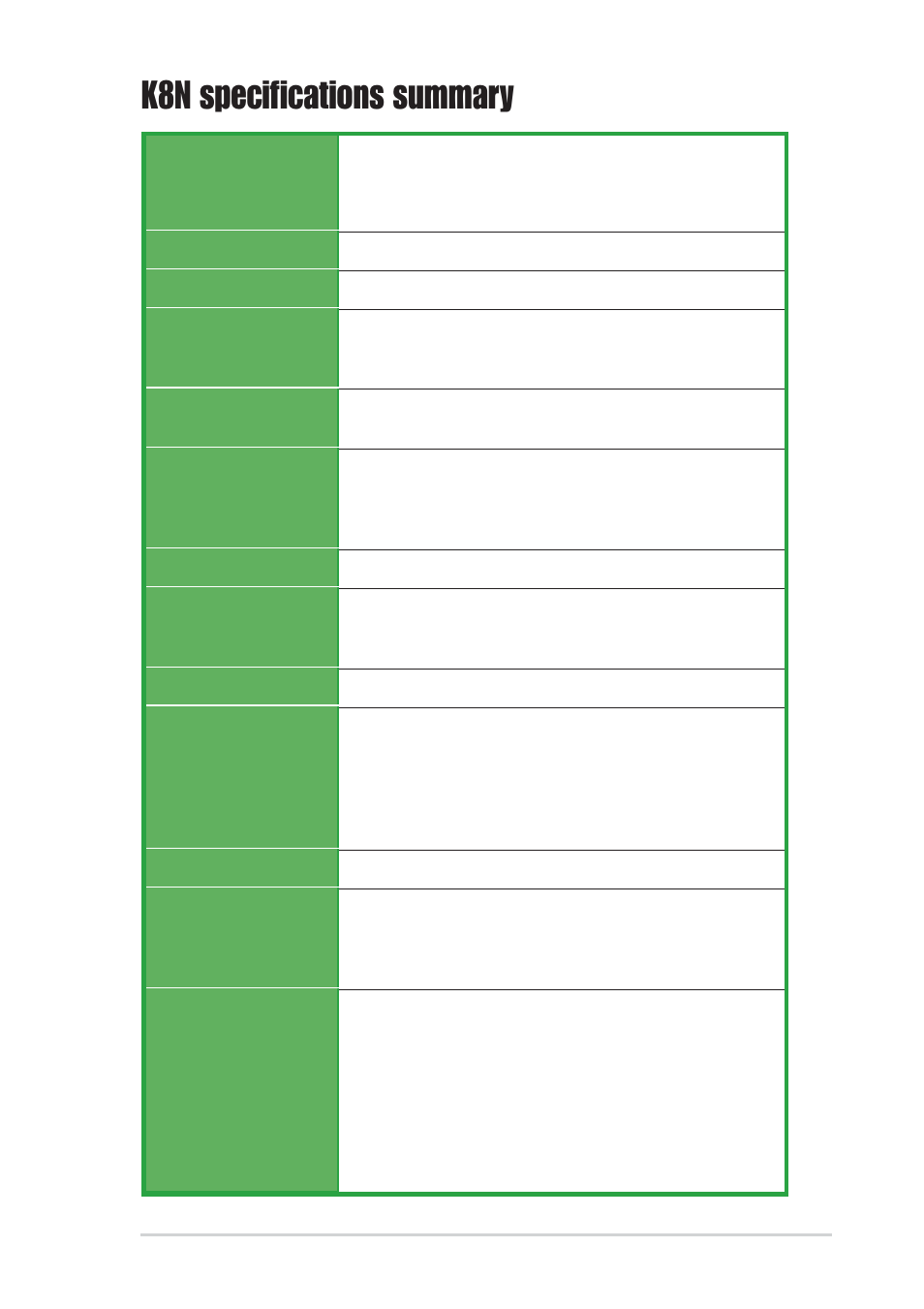 K8n specifications summary | Asus K8N User Manual | Page 9 / 78