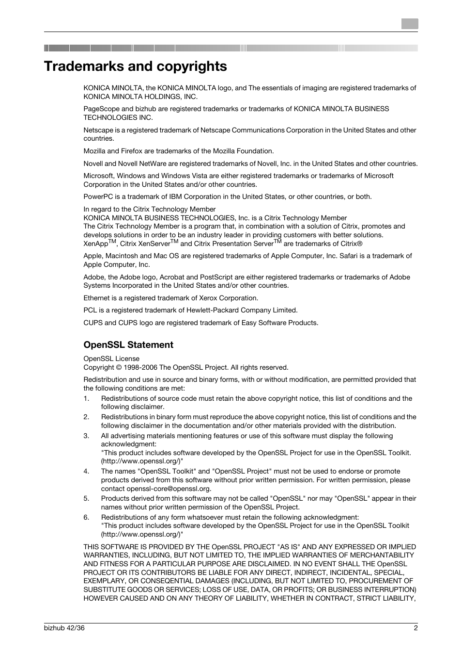 Trademarks and copyrights, Openssl statement | Konica Minolta bizhub 42 User Manual | Page 3 / 11