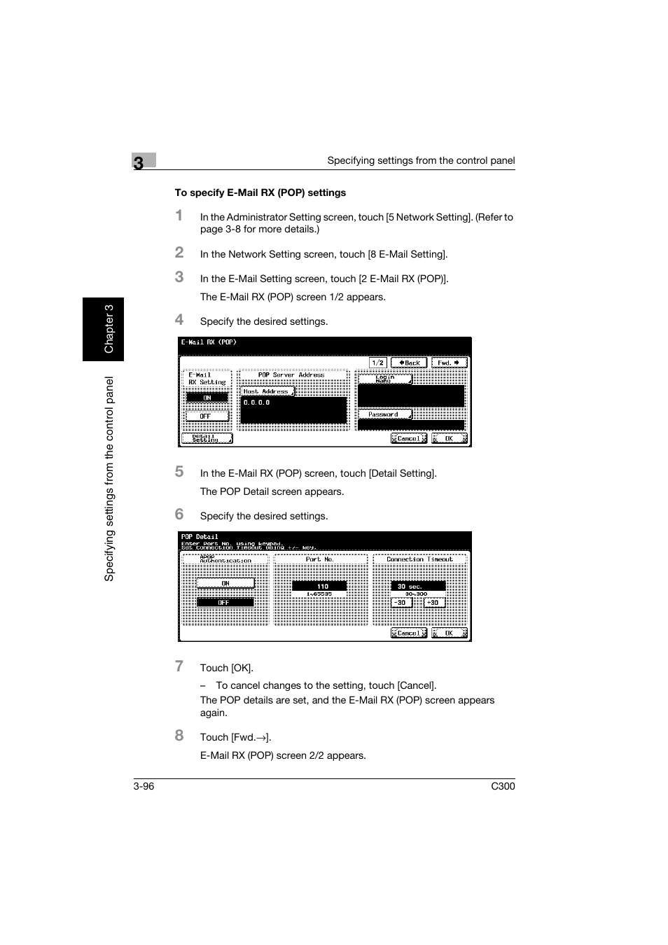 To specify e-mail rx (pop) settings, To specify e-mail rx (pop) settings -96 | Konica Minolta bizhub C300 User Manual | Page 207 / 392