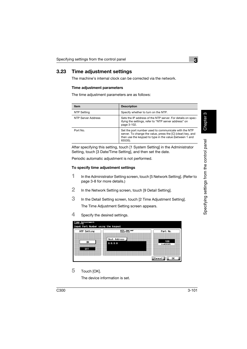 23 time adjustment settings, Time adjustment parameters, To specify time adjustment settings | Time adjustment settings -101 | Konica Minolta bizhub C300 User Manual | Page 212 / 392