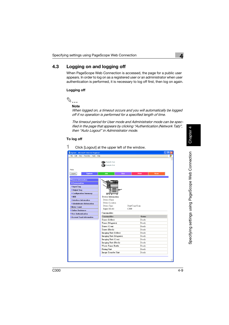 3 logging on and logging off, Logging off, To log off | Logging on and logging off -9, Logging off -9 to log off -9 | Konica Minolta bizhub C300 User Manual | Page 266 / 392