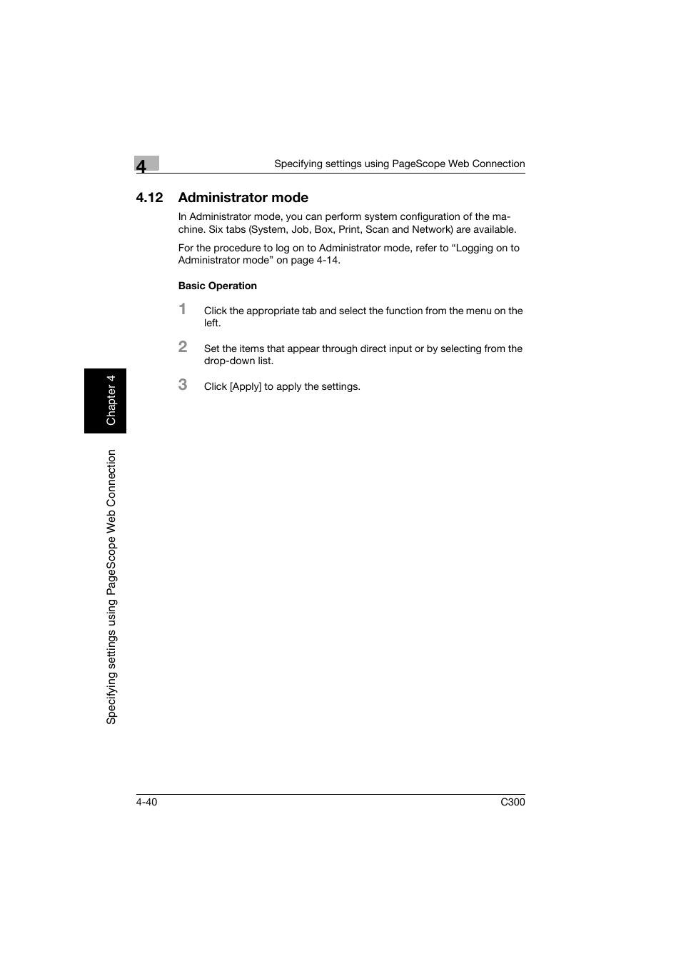 12 administrator mode, Basic operation, Administrator mode -40 | Basic operation -40 | Konica Minolta bizhub C300 User Manual | Page 297 / 392