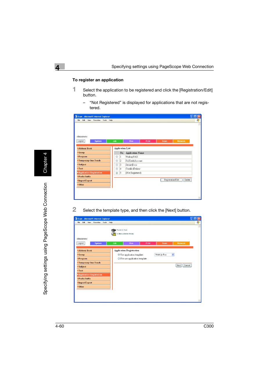 To register an application, To register an application -60 | Konica Minolta bizhub C300 User Manual | Page 317 / 392