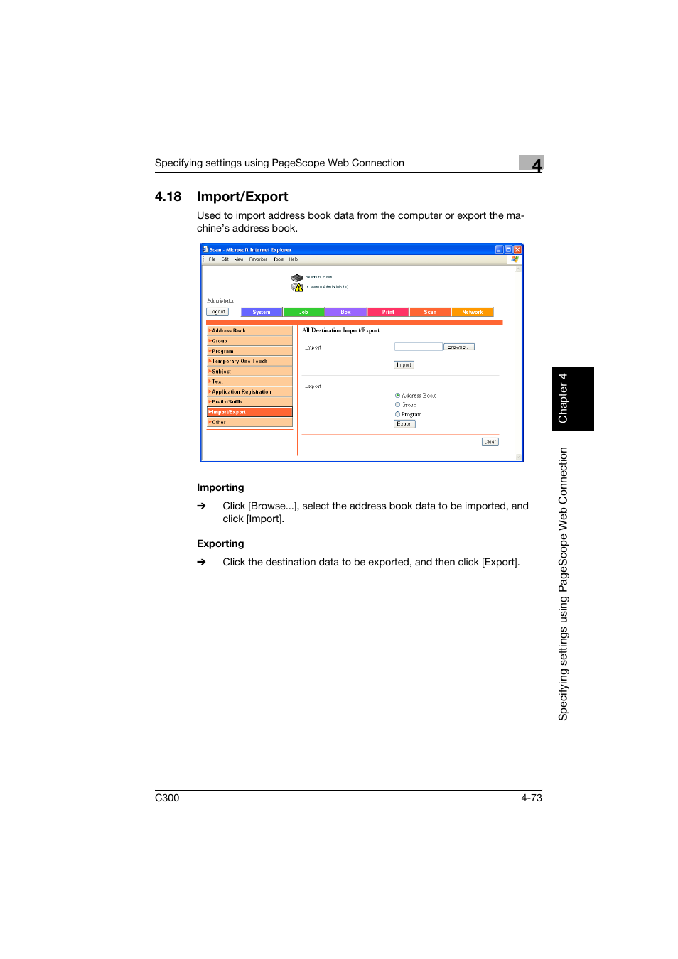 18 import/export, Importing, Exporting | Import/export -73, Importing -73 exporting -73 | Konica Minolta bizhub C300 User Manual | Page 330 / 392