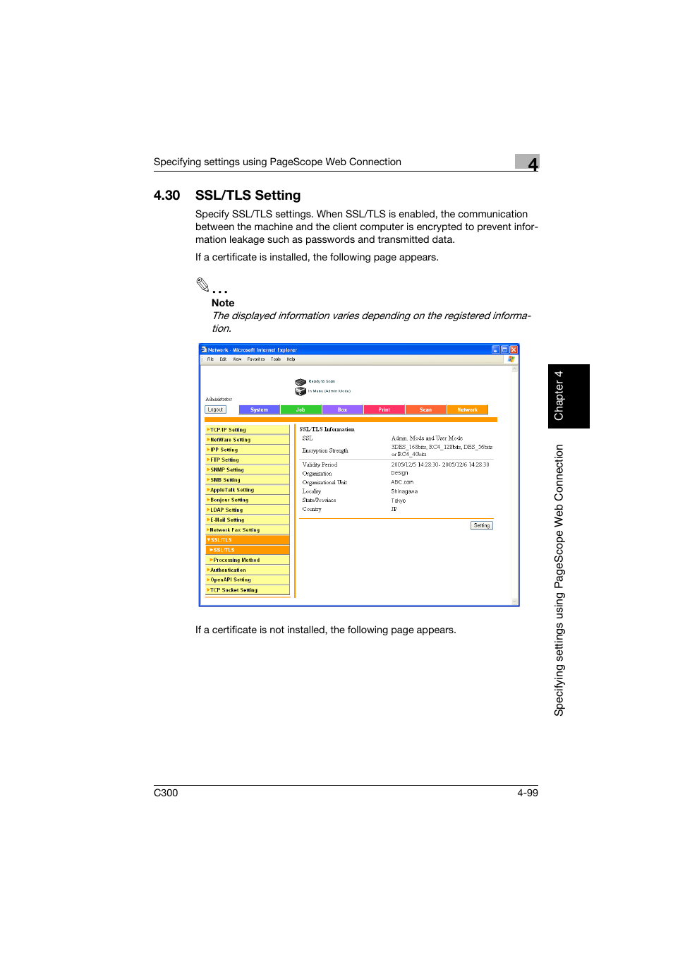 30 ssl/tls setting, Ssl/tls setting -99 | Konica Minolta bizhub C300 User Manual | Page 356 / 392