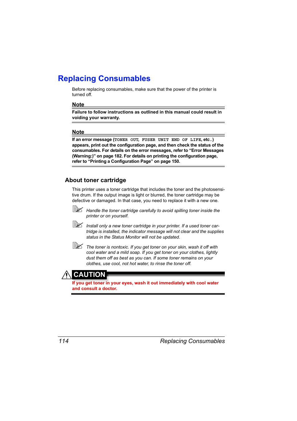 Replacing consumables, About toner cartridge, Replacing consumables 114 | About toner cartridge 114 | Konica Minolta bizhub 40P User Manual | Page 124 / 236