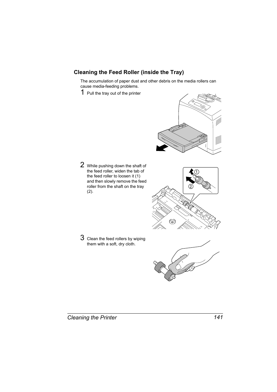 Cleaning the feed roller (inside the tray), Cleaning the feed roller (inside the tray) 141 | Konica Minolta bizhub 40P User Manual | Page 151 / 236