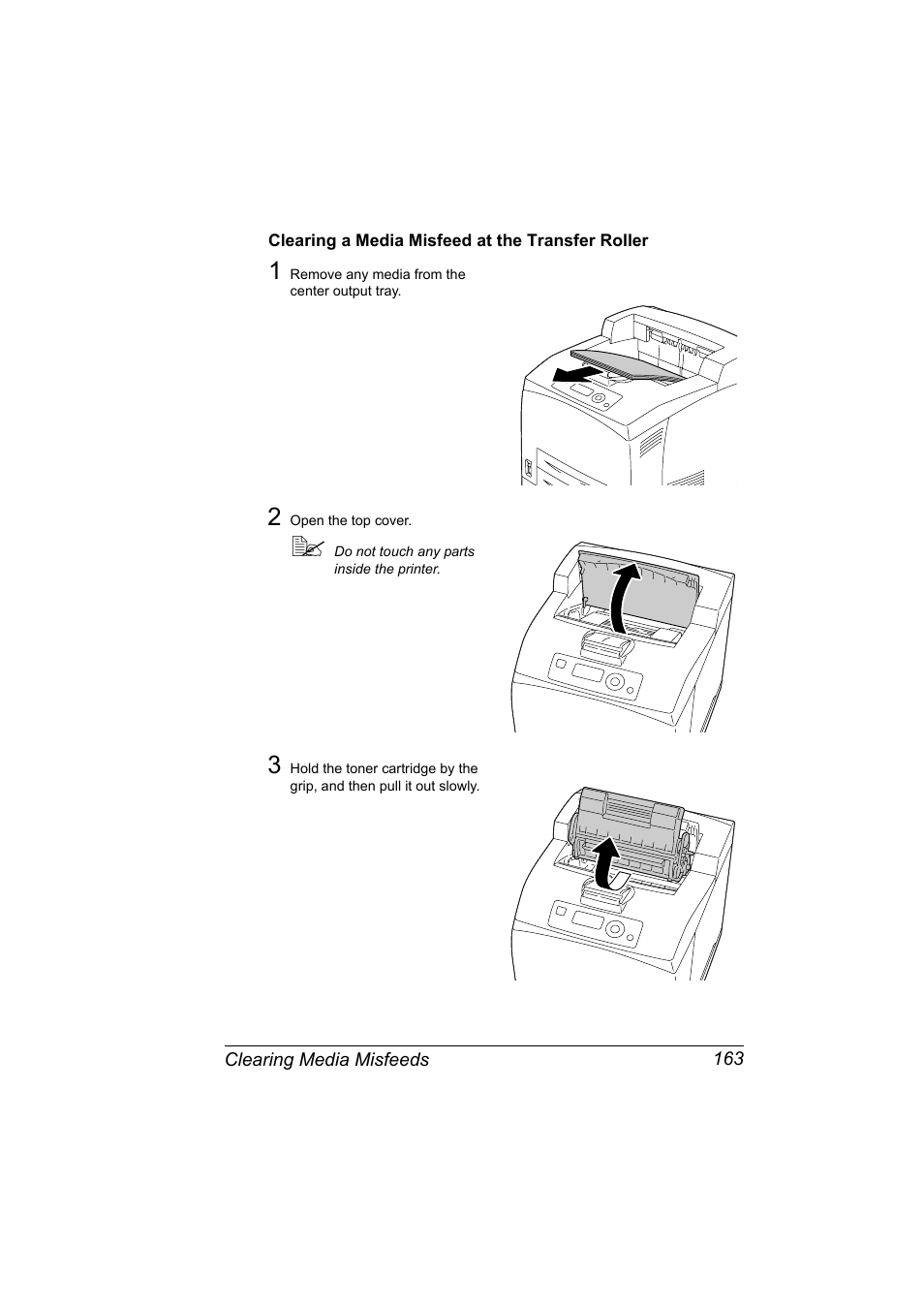 Clearing a media misfeed at the transfer roller | Konica Minolta bizhub 40P User Manual | Page 173 / 236