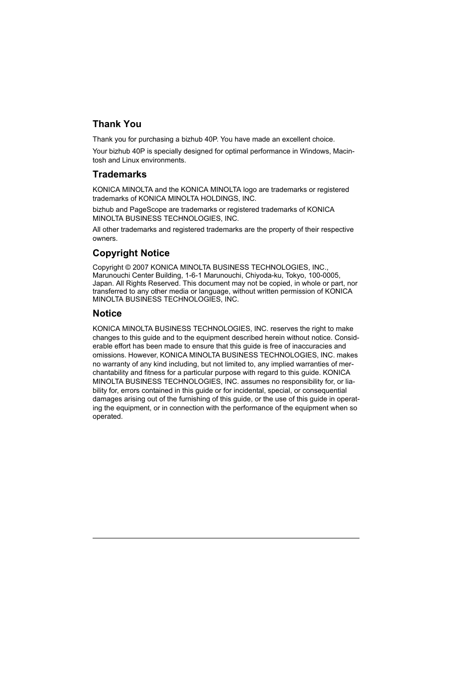 Trademarks, Copyright notice, Notice | Konica Minolta bizhub 40P User Manual | Page 2 / 236