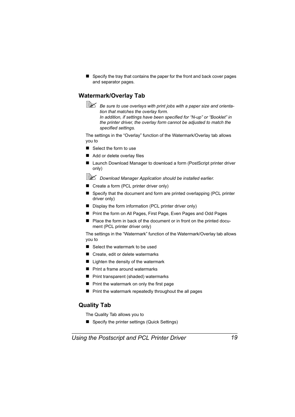 Watermark/overlay tab, Quality tab, Watermark/overlay tab 19 quality tab 19 | Using the postscript and pcl printer driver 19 | Konica Minolta bizhub 40P User Manual | Page 29 / 236