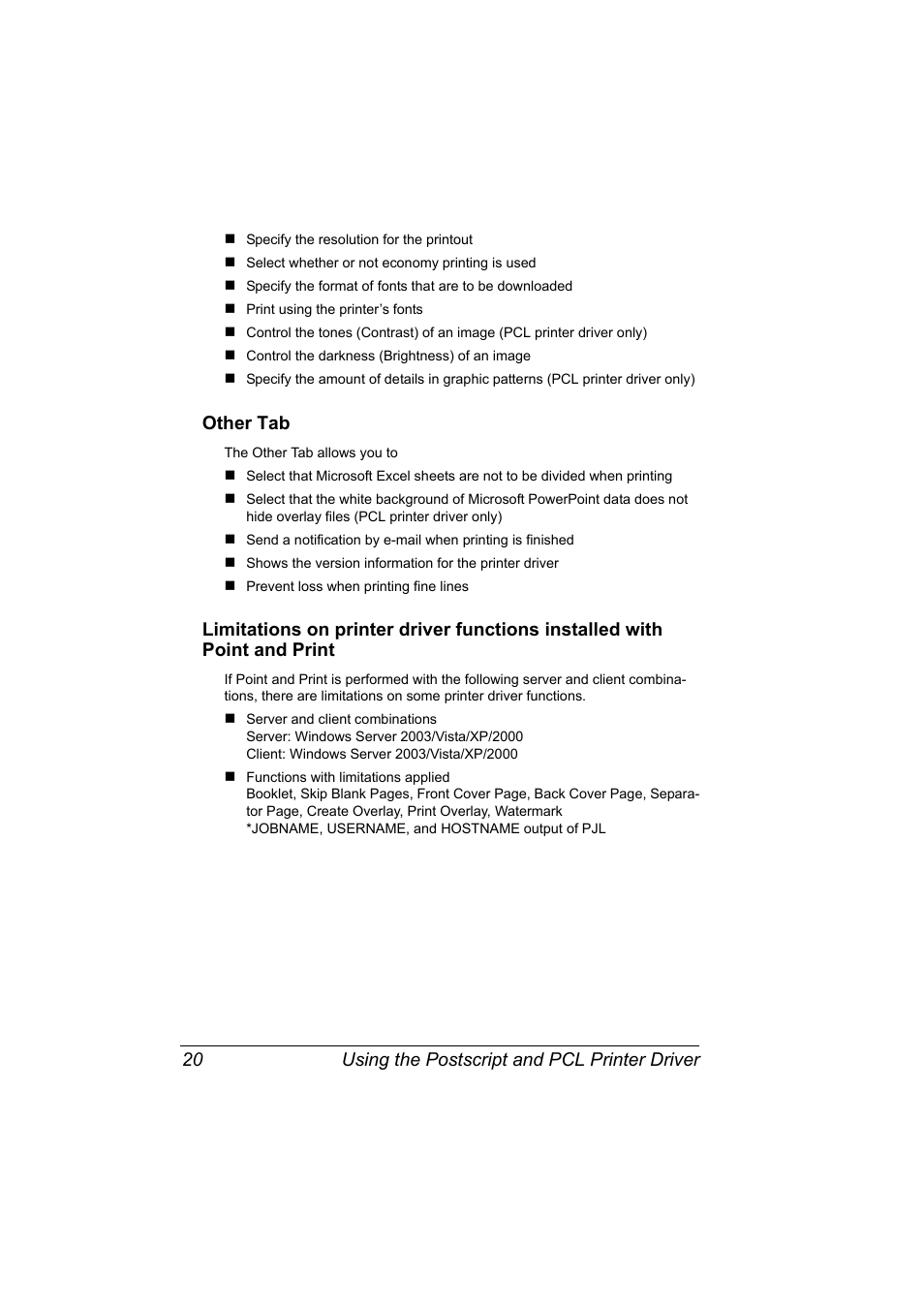 Other tab, Using the postscript and pcl printer driver 20 | Konica Minolta bizhub 40P User Manual | Page 30 / 236