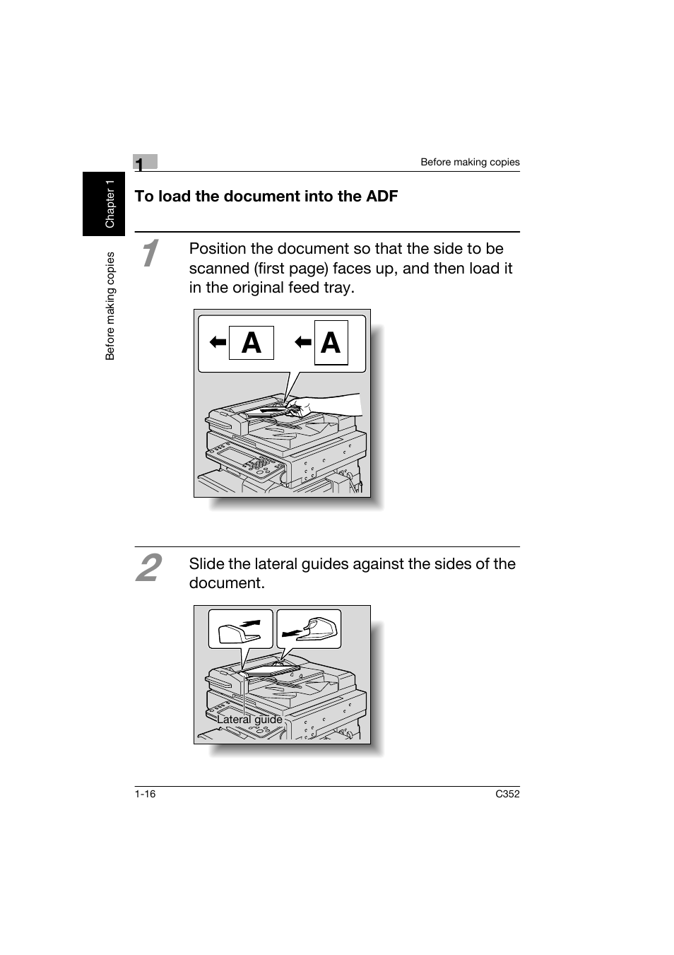 To load the document into the adf, To load the document into the adf -16 | Konica Minolta bizhub C352 User Manual | Page 25 / 160