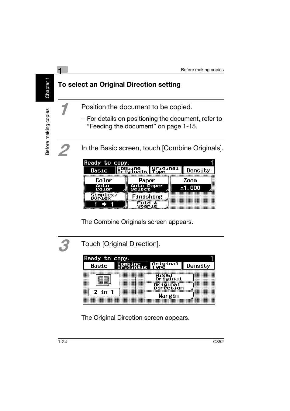 To select an original direction setting, To select an original direction setting -24 | Konica Minolta bizhub C352 User Manual | Page 33 / 160