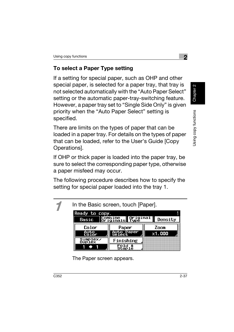 To select a paper type setting, To select a paper type setting -37 | Konica Minolta bizhub C352 User Manual | Page 74 / 160