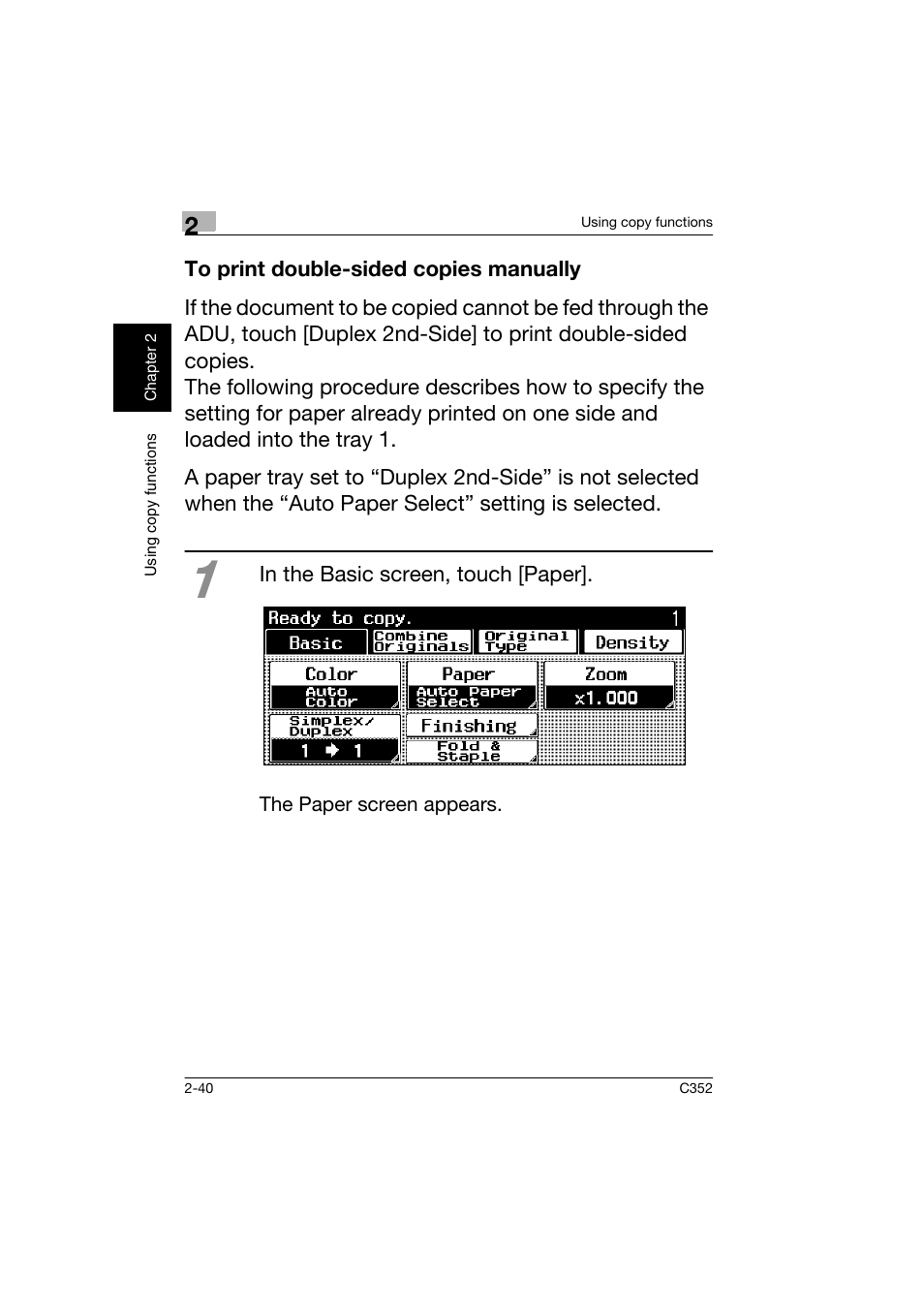 To print double-sided copies manually, To print double-sided copies manually -40 | Konica Minolta bizhub C352 User Manual | Page 77 / 160