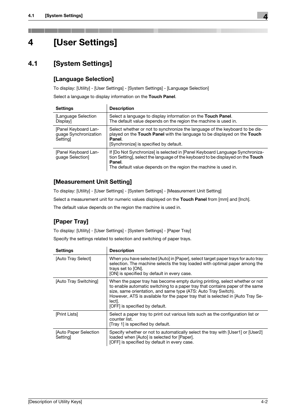 4 [user settings, 1 [system settings, Language selection | Measurement unit setting, Paper tray, User settings, 4[user settings | Konica Minolta bizhub 4050 User Manual | Page 20 / 65
