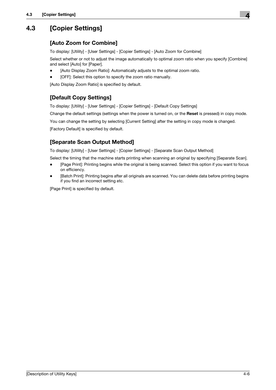 3 [copier settings, Auto zoom for combine, Default copy settings | Separate scan output method | Konica Minolta bizhub 4050 User Manual | Page 24 / 65