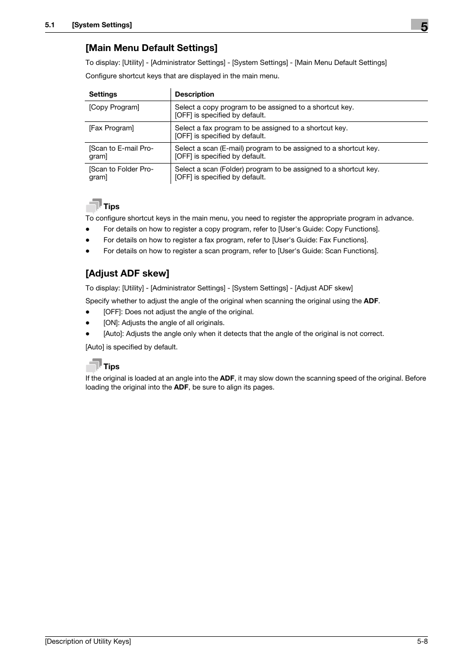 Main menu default settings, Adjust adf skew | Konica Minolta bizhub 4050 User Manual | Page 37 / 65