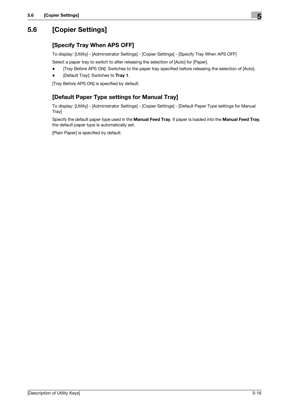 6 [copier settings, Specify tray when aps off, Default paper type settings for manual tray | Konica Minolta bizhub 4050 User Manual | Page 45 / 65
