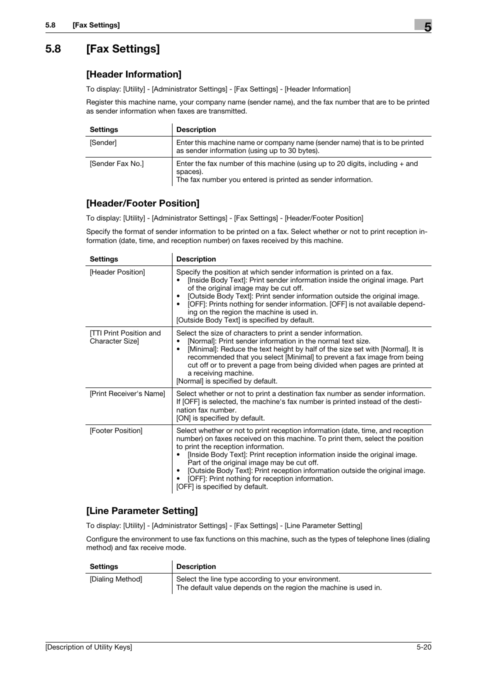 8 [fax settings, Header information, Header/footer position | Line parameter setting | Konica Minolta bizhub 4050 User Manual | Page 49 / 65