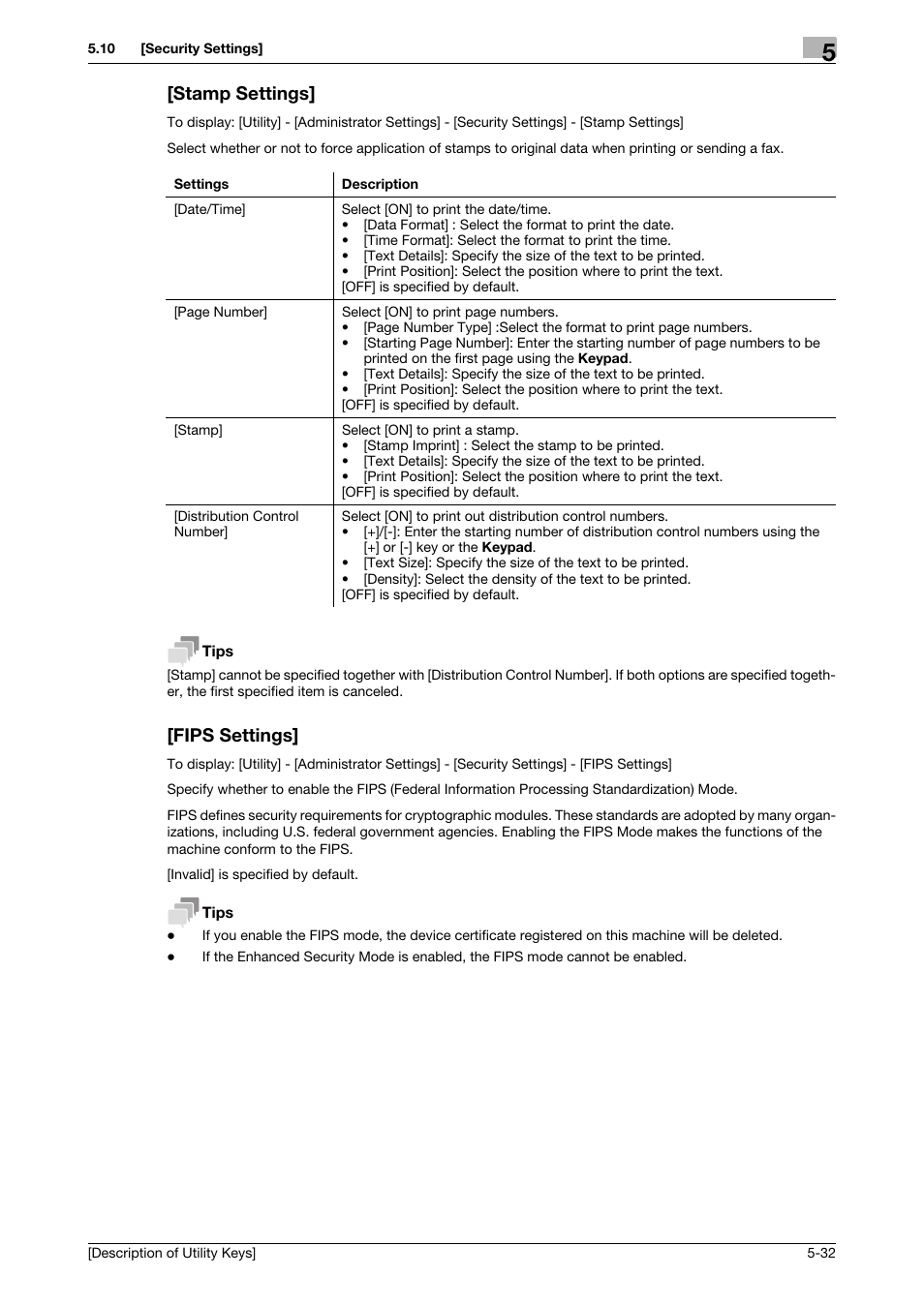 Stamp settings, Fips settings, Stamp settings] -32 [fips settings] -32 | Konica Minolta bizhub 4050 User Manual | Page 61 / 65