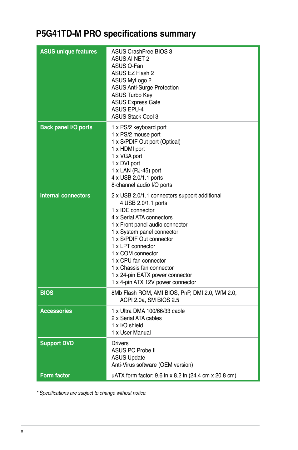 P5g41td-m pro specifications summary | Asus P5G41TD-M PRO User Manual | Page 10 / 60