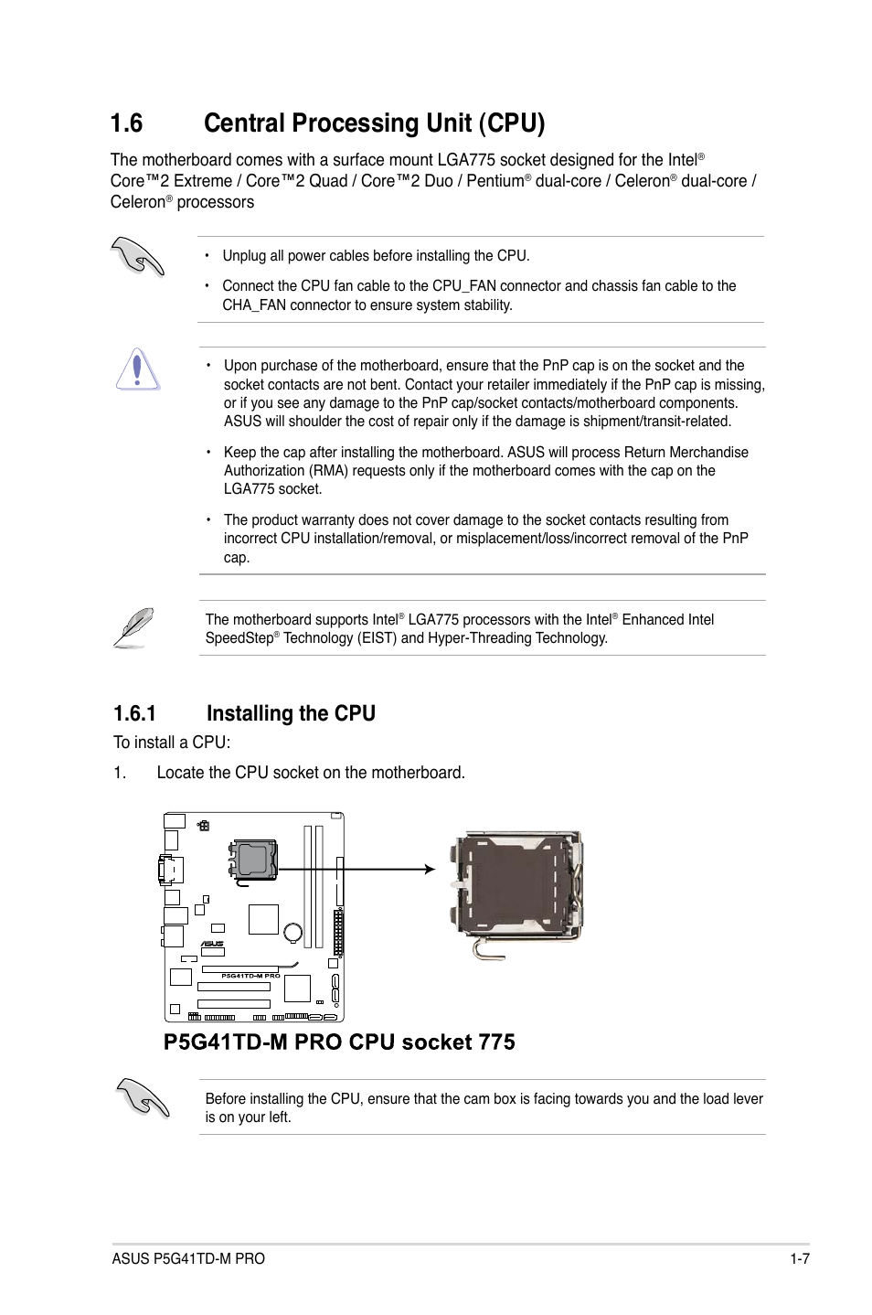 6 central processing unit (cpu), 1 installing the cpu, Central processing unit (cpu) -7 1.6.1 | Installing the cpu -7 | Asus P5G41TD-M PRO User Manual | Page 17 / 60