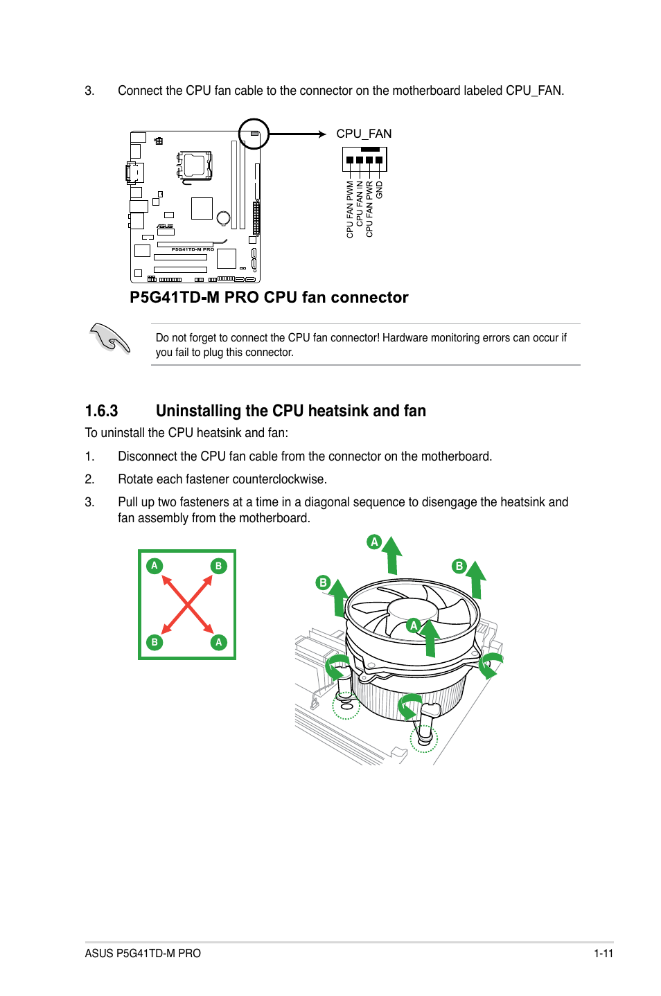 3 uninstalling the cpu heatsink and fan, Uninstalling the cpu heatsink and fan -11 | Asus P5G41TD-M PRO User Manual | Page 21 / 60