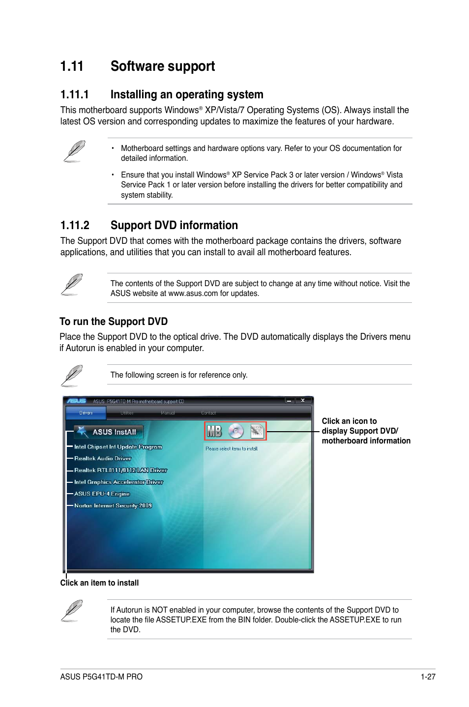 11 software support, 1 installing an operating system, 2 support dvd information | 11 software support -27 | Asus P5G41TD-M PRO User Manual | Page 37 / 60