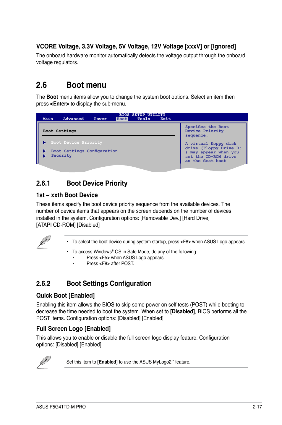 6 boot menu, 1 boot device priority, 2 boot settings configuration | Boot menu -17 2.6.1, Boot device priority -17, Boot settings configuration -17, 1st ~ xxth boot device, Quick boot [enabled, Full screen logo [enabled | Asus P5G41TD-M PRO User Manual | Page 55 / 60