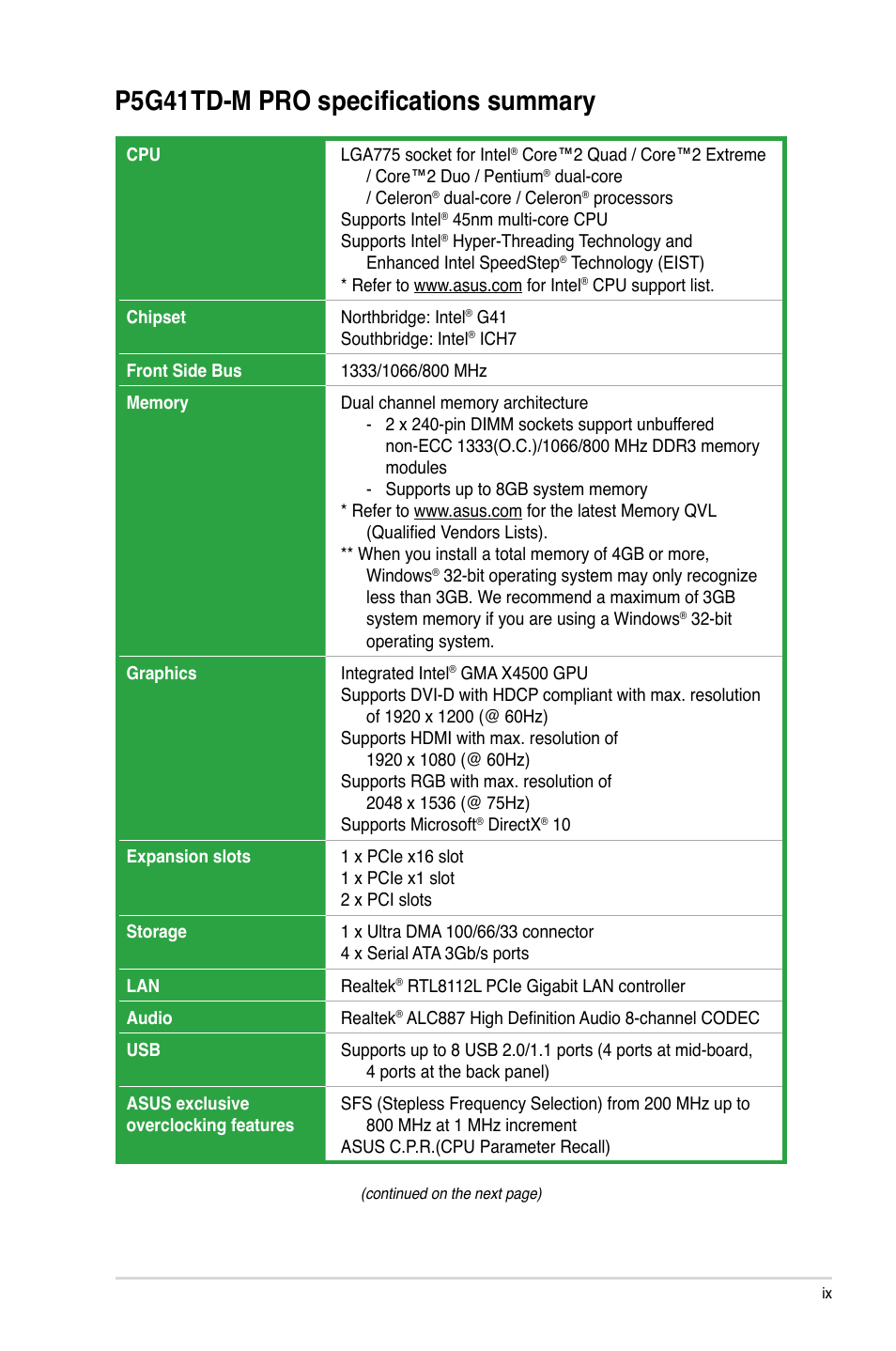 P5g41td-m pro specifications summary | Asus P5G41TD-M PRO User Manual | Page 9 / 60