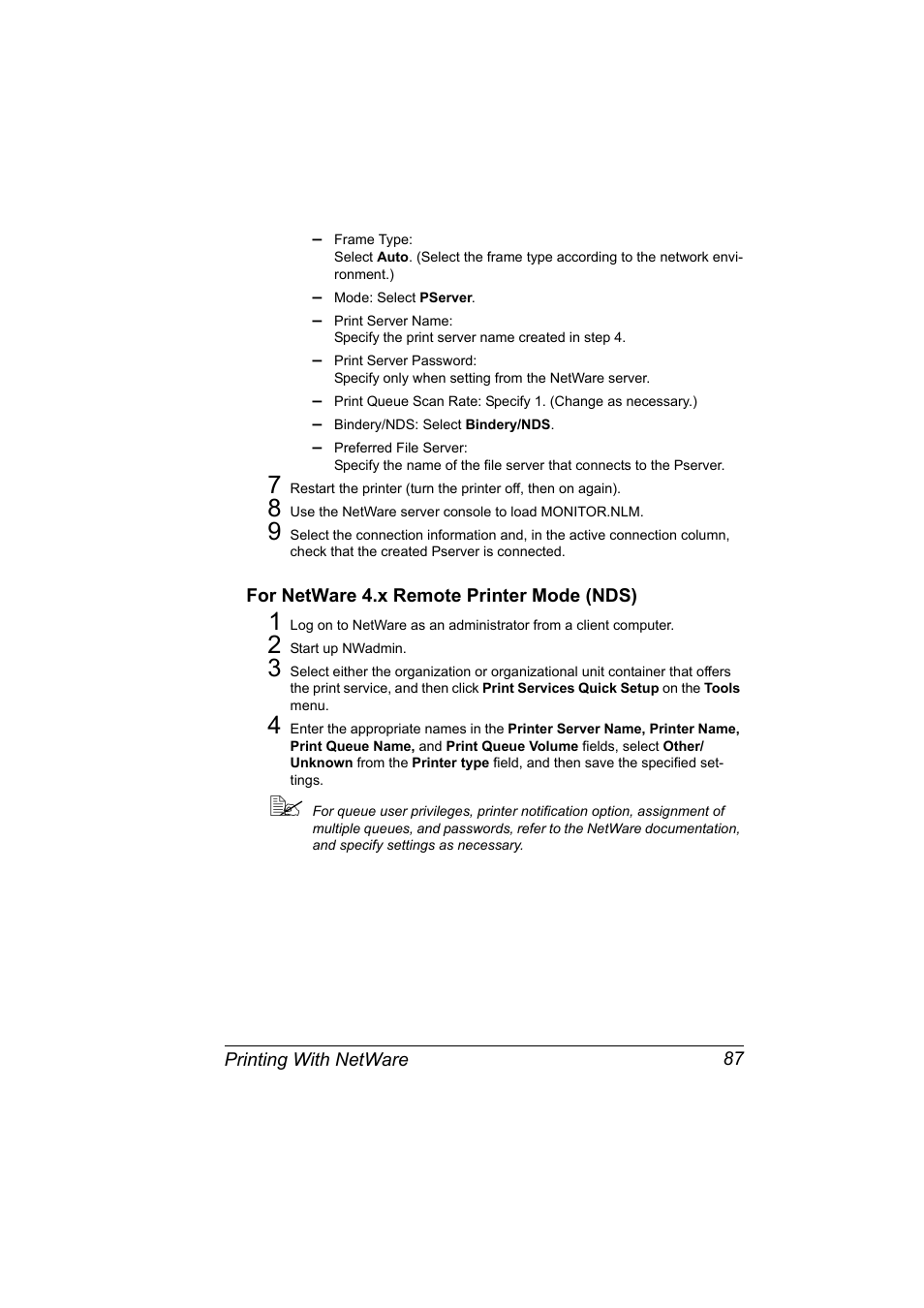 For netware 4.x remote printer mode (nds), For netware 4.x remote printer mode (nds) 87 | Konica Minolta magicolor 4650 User Manual | Page 105 / 334