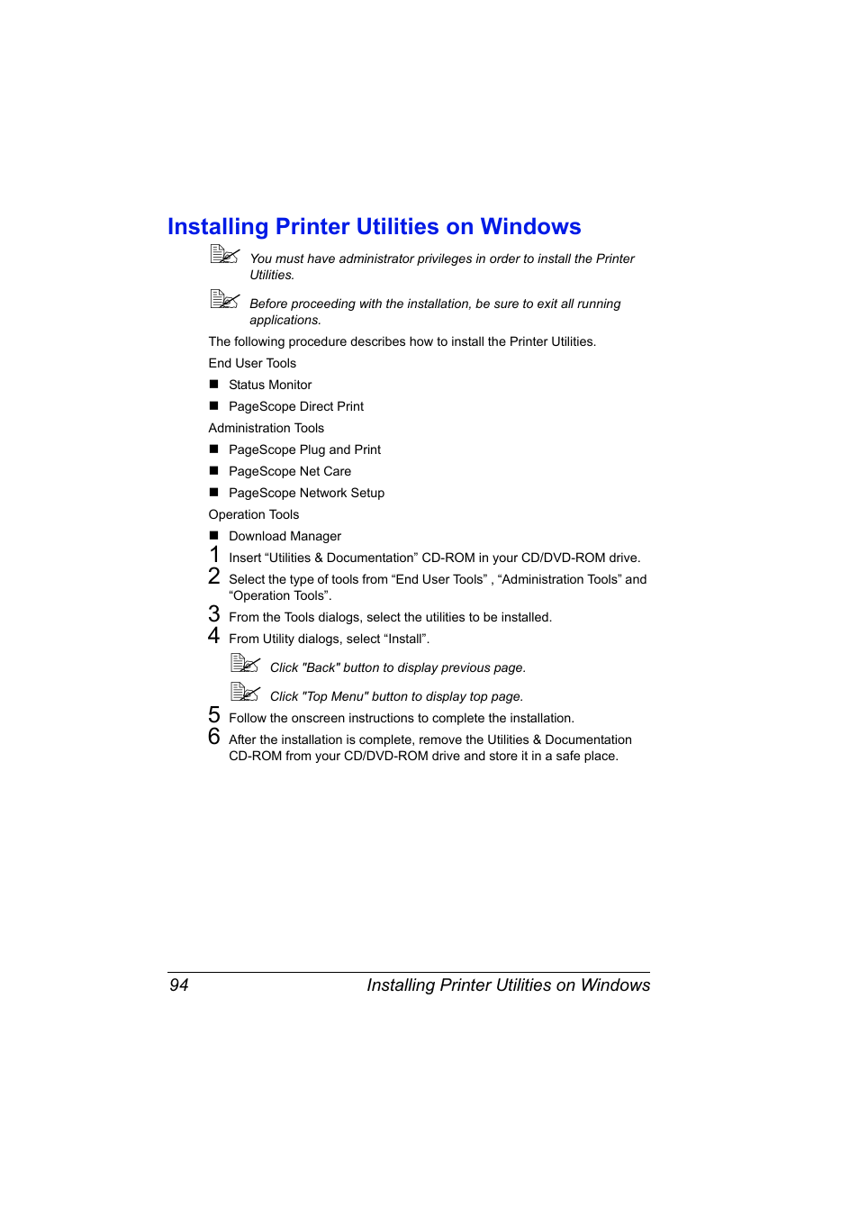 Installing printer utilities on windows, Installing printer utilities on windows 94 | Konica Minolta magicolor 4650 User Manual | Page 112 / 334