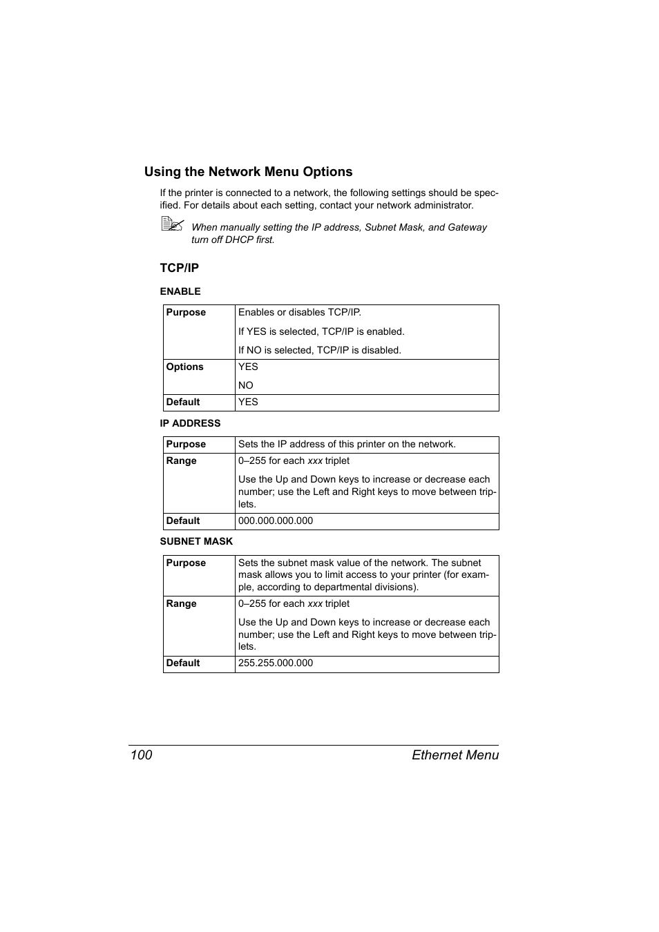 Using the network menu options, Tcp/ip, Using the network menu options 100 | Tcp/ip 100, Ethernet menu 100 using the network menu options | Konica Minolta magicolor 4650 User Manual | Page 118 / 334